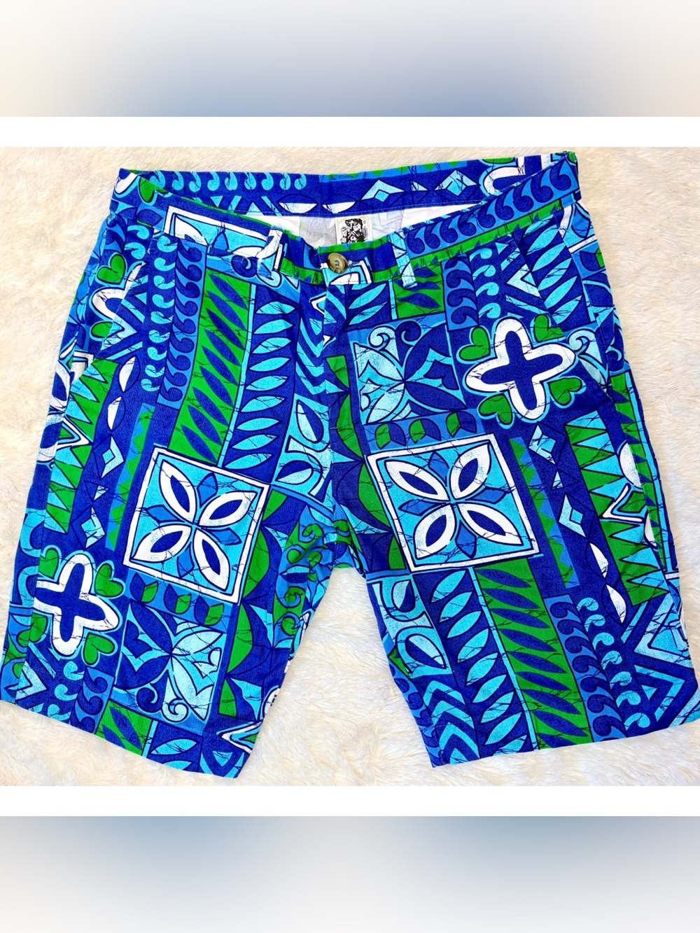 Kennington 60s 70s  Men’s Blue/Green Tiki Surf Shorts Flat Front 100% Cotton MED